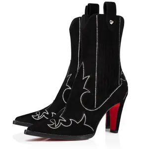 Christian Louboutin Santigag Strass 85 Black Suede Western Ankle Heel Boot 36