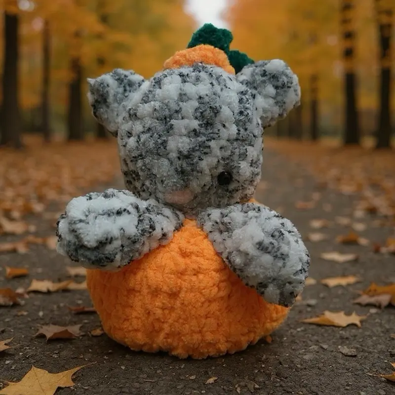 Handmade Crochet Pumpkin Cat - Soft Polyester Yarn, Playful & Adorable Design, Unique Decorative Piece for Home