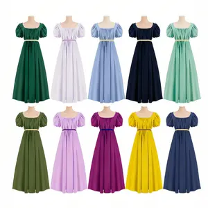 Women’s Vintage Regency Style Maxi Dress with Puff Sleeves, Square Neck Empire Waist Long Gown, for Renaissance Fair, Tea Party & Historical Cosplay
