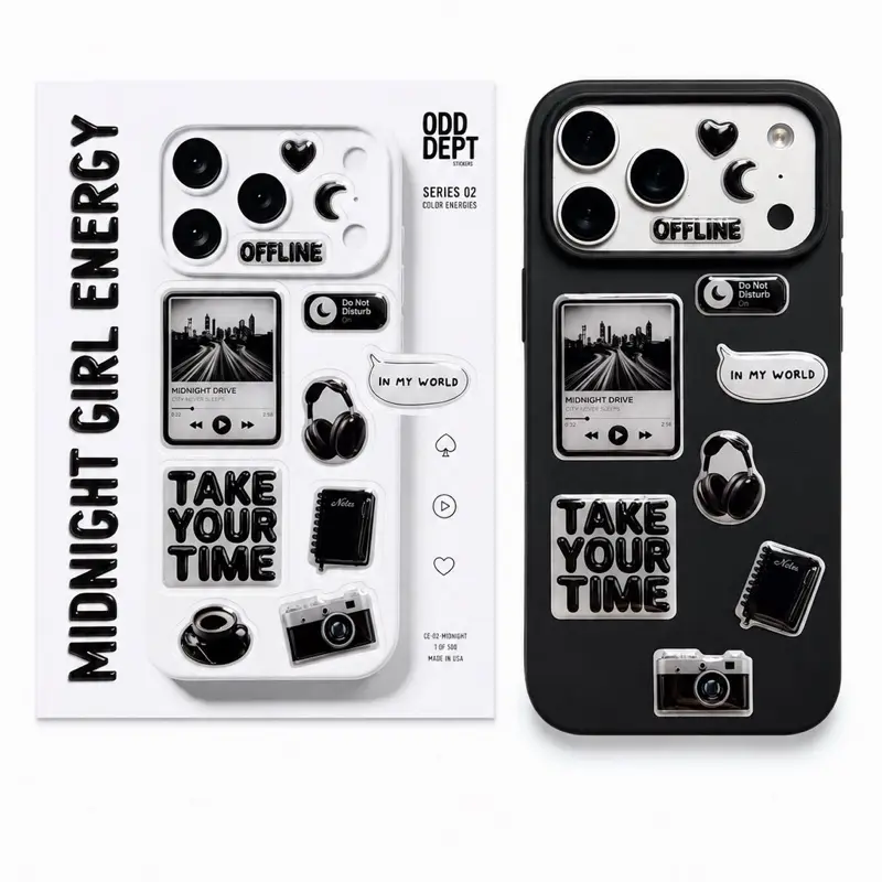 Midnight Girl Energy 3D Phone Sticker Pack – Cute Glossy Stickers for iPhone, Kindle, Laptop & Water Bottle (11 PCS)