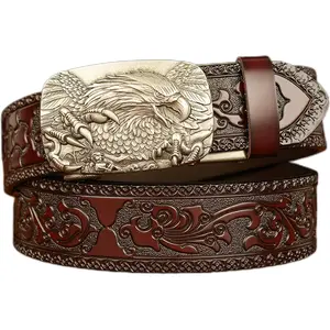 Men's  Ratchet Adjustable Belt 3D  Sliding Buckle  Leather Engraved Dress Casual Belt
