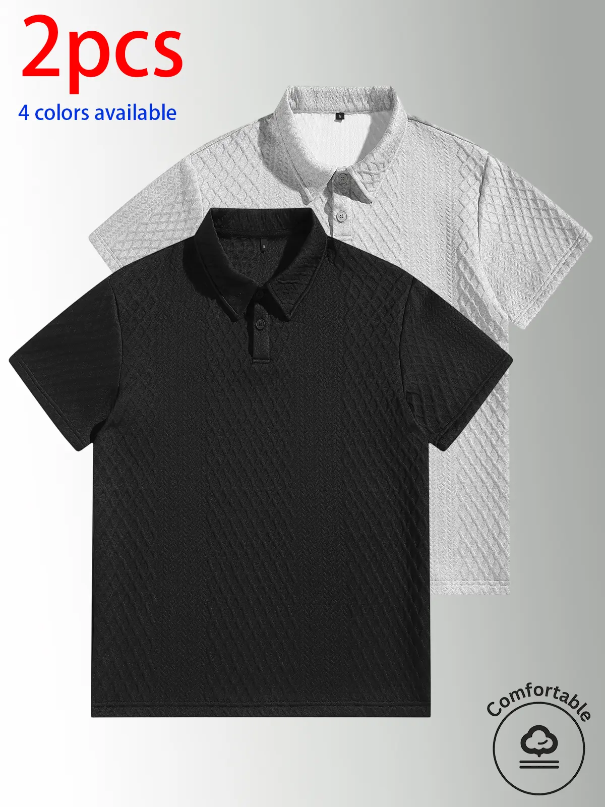 2-pack men’s summer tops: T-shirt and short-sleeve polo shirt; casual short-sleeve polo shirt.3D jacquard texture design, loose fit that flatters the figure and is versatile, suitable for various body types.Solid color collared short sleeves, available in