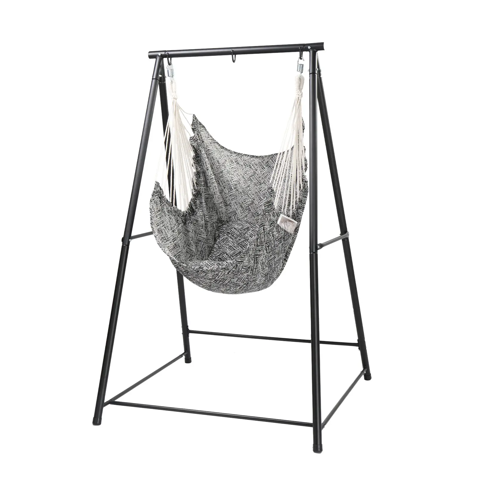 Black Anti-Rust Metal Frame Swing Chair Stand With Textured Woven Hammock Swing Chair Set, Complete Accessories Of 2 Soft Cushions & 2 Heavy Load S Spring Hooks, Stable A-Frame Hanging Swing For Bedroom, Patio, Balcony And Lawn Decor