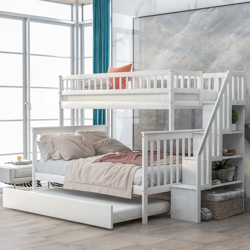 Bellemave Twin-Over-Full Storage Bed Frame - Staircase, Trundle, Extra Storage, Assembled Height, Full Size Lower Bed, White, Twin Size Upper Bed