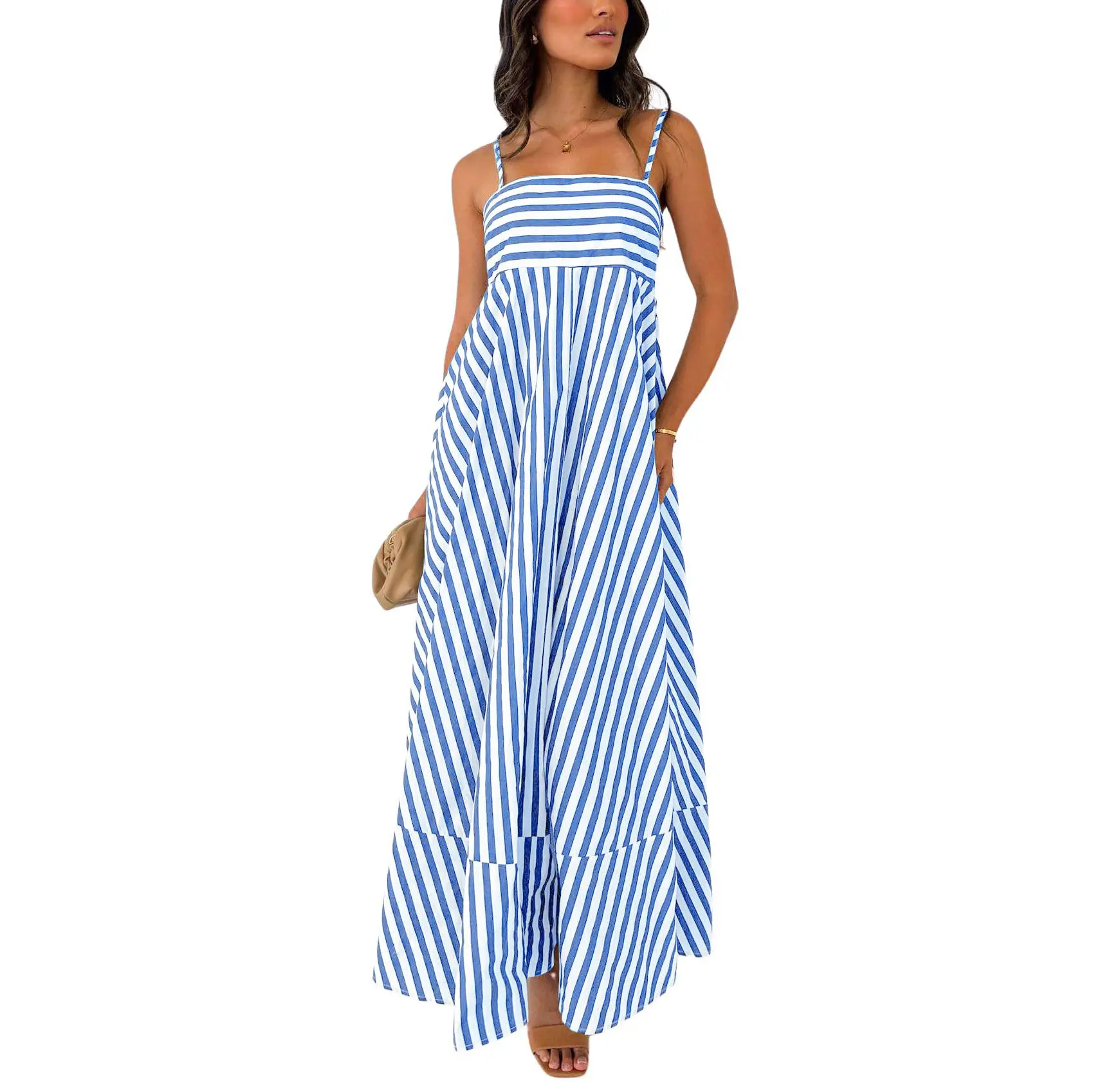 Chouyatou Women's Summer Striped Spaghetti Strap Maxi Dress Bohemian Style Casual Backless Elastic Dress Thin Strap Loose Long Dress Chouyatou Women's Summer Striped Spaghetti Strap Maxi Dress Bohemian Style Casual Backless Elastic Dress Thin Strap Loose Long Dress