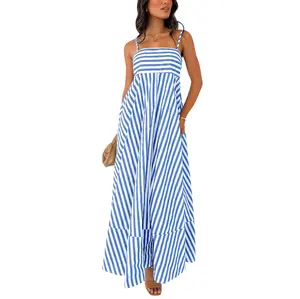 Chouyatou Women's Summer Striped Spaghetti Strap Maxi Dress Bohemian Style Casual Backless Elastic Dress Thin Strap Loose Long Dress Chouyatou Women's Summer Striped Spaghetti Strap Maxi Dress Bohemian Style Casual Backless Elastic Dress Thin Strap Loose Long Dress