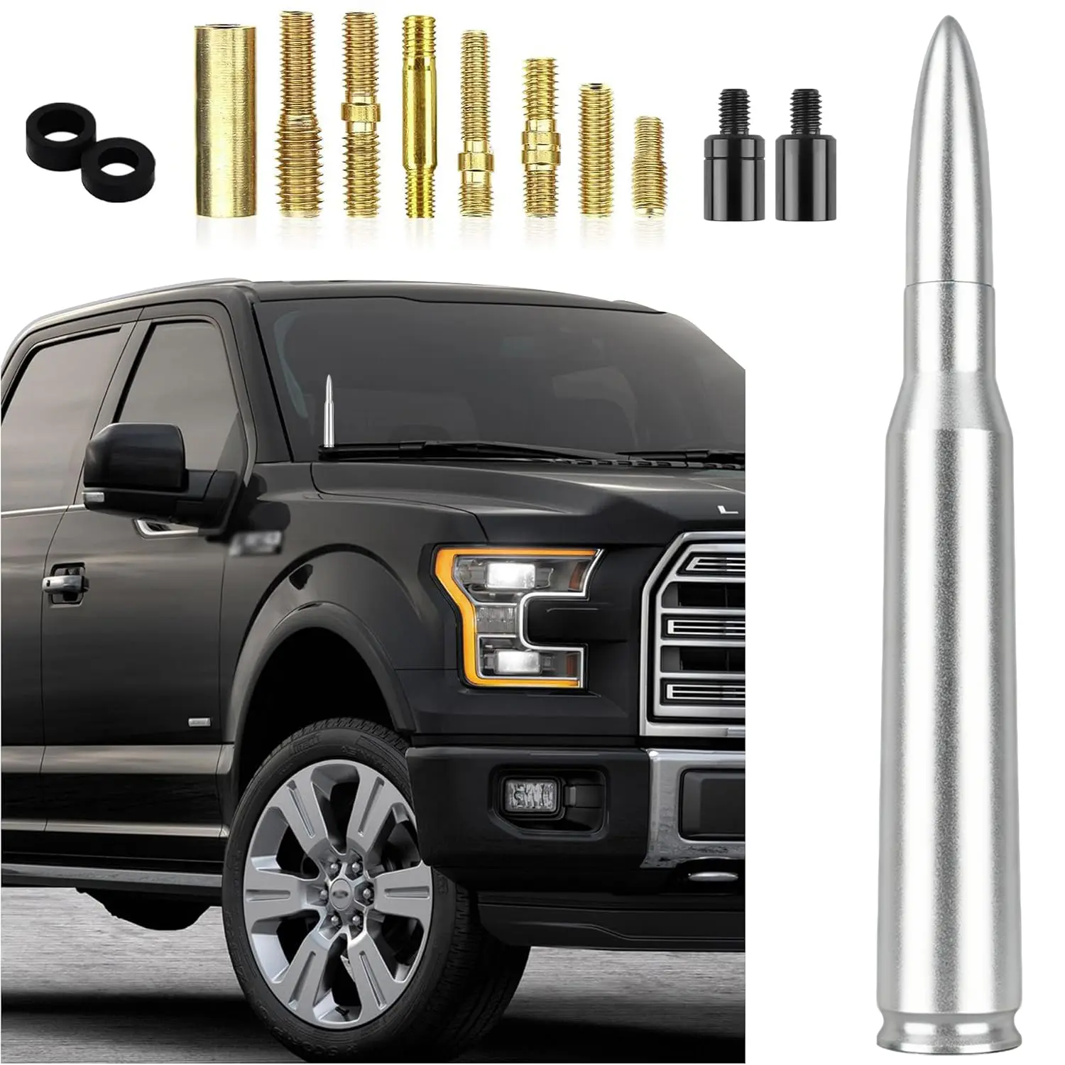Heavy-Duty Short Car Bullet Antenna Replacement, Truck Accessories, Exterior Decor Part for Ford F150, RAM 1500, GMC Pickup Auto