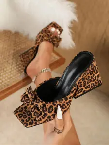 2026 Women's Fashion Leopard Print Bow Decorated Heeled Sandals, Leopard Print Slides, Elegant Square Toe High Heel Sandals for Party, Daily Clothing Decor for Women & Girls, Footwear