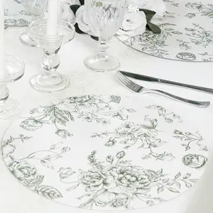 10-Pack Disposable Table Placemats in French Toile Print 13" in Matte White/Sage Green - Chic Floral Cardboard Placemats for Stylish Table Setting