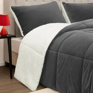 Gray King Size Comforter Set 3 Pieces,Winter Warm Plush Reversible Down Alternative Comforter & 2 Pillow Shams,Thick Fuzzy Micromink Fleece Bedding Comforter Sets(Charcoal,King) |   Soft, Warm Bedding