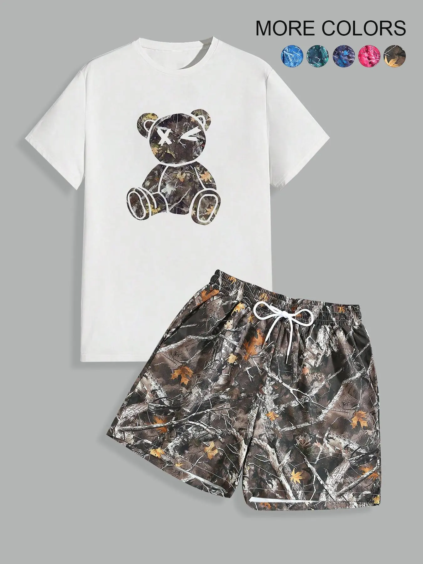 Men's Cartoon Bear Print Round Neck Tee & Random Tree Branch Print Shorts Two-piece Set, Regular Fit Casual Short Sleeve T-shirt & Drawstring Waist Shorts, Men's Summer Clothes, Casual Clothing Set, Loungewear, Menswear, Matching Sets