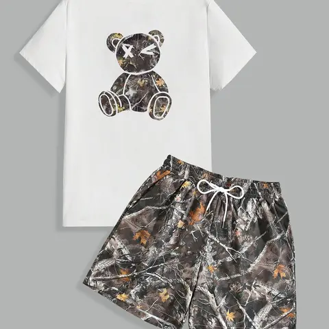 Men's Cartoon Bear Print Round Neck Tee & Random Tree Branch Print Shorts Two-piece Set, Regular Fit Casual Short Sleeve T-shirt & Drawstring Waist Shorts, Men's Summer Clothes, Casual Clothing Set, Loungewear, Menswear, Matching Sets