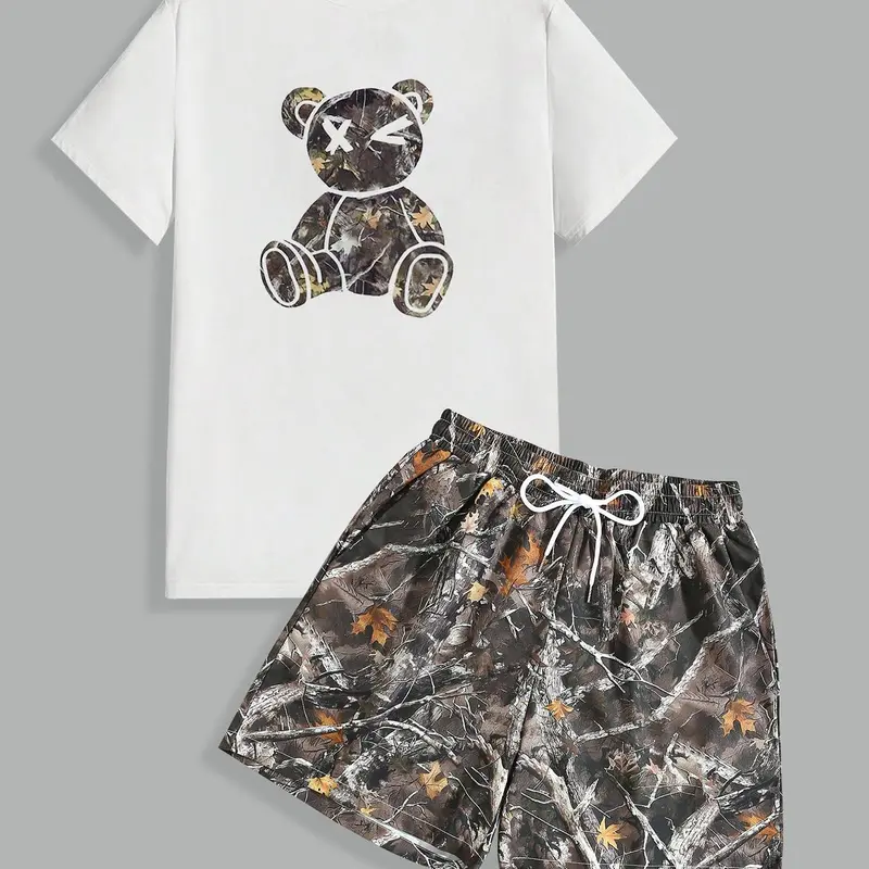 Men's Cartoon Bear Print Round Neck Tee & Random Tree Branch Print Shorts Two-piece Set, Regular Fit Casual Short Sleeve T-shirt & Drawstring Waist Shorts, Men's Summer Clothes, Casual Clothing Set, Loungewear, Menswear, Matching Sets