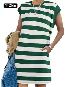 Women's Summer Striped Dress, Round Neck Sleeveless Patchwork Casual A-Line T-Shirt Dress with Pockets, Womenswear, Comfortable and Stylish