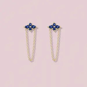 14K Solid Gold Blue Chain Earrings.