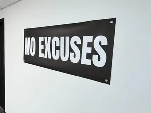 NO EXCUSES BANNER - 48 x 21 Inch Motivational Wall Decor - Durable Heavy Duty 13oz UV Printed Vinyl with 4 Corner Grommets - Gym Office Garage Workout Poster Style Banner - Bold Sturdy Indoor Outdoor Sign" Hanging Banner