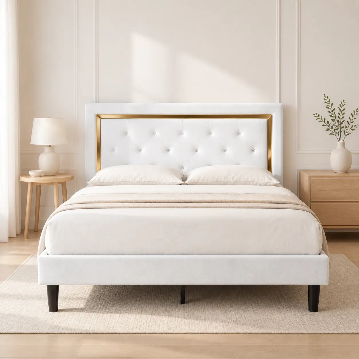 CAODOC Diamond Bed Frame, Upholstered Tufted Headboard Bed with 1500 lbs Load Capacity, No Box Spring Needed, Noise-Free Wood Slat Support, Easy Assembly, Modern Bedroom Furniture