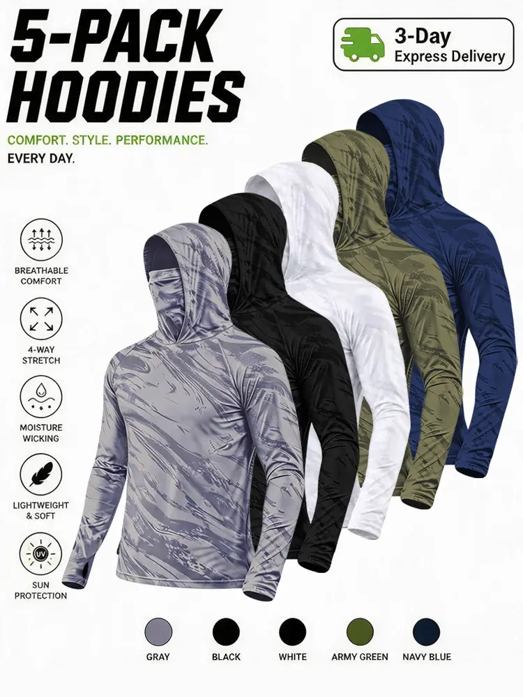 Men's 5-Piece Quick-Dry Breatheable Polyester Camo Mesh Hoodies with Face Coverings - Long-Sleeve Compression Sports Tops, Spring/Fall Outdoor Hiking, Tactical Athletic Work Wear