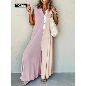 Women's Colorblock Print Button Jumpsuit, Casual Sleeveless Baggy Jumpsuit for Daily Wear, Ladies Clothes for All Seasons