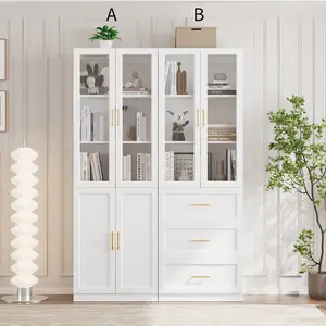 VOWNER Bookcase with Glass Doors & Drawers, 5 Tier Bookshelf with Adjustable Shelf,  Set for Home Office, Large storage, White (2 Set)) tall narrow