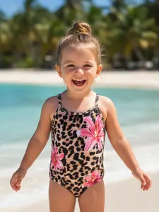 Summer Girls' Leopard Print One-Piece Toddler Swimsuit, Quick-Dry Polyester, Breathable, Ideal for Beach, Pool, Hot Springs, Water Parks