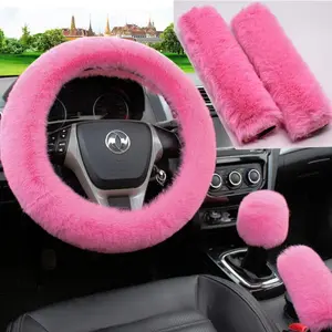 5 count in 1 Set Faux  Steering Wheel Cover Soft Fluffy Handbrake Cover & Gear Shift Cover & 2 count Seat Belt  Pads Warm Universal Fit for 15 Inch (Pink)