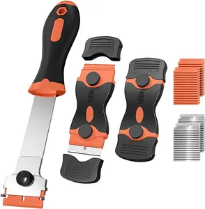 3 Pack Razor Blade Scraper, Plastic Razor Blade Scraper, Scraper Tool with Extra 30 Plastic Razor Blades and 30 Metal Blades, Razor Scraper for Gum, Cooktop, Wallpaper or Glass Tool (Orange)