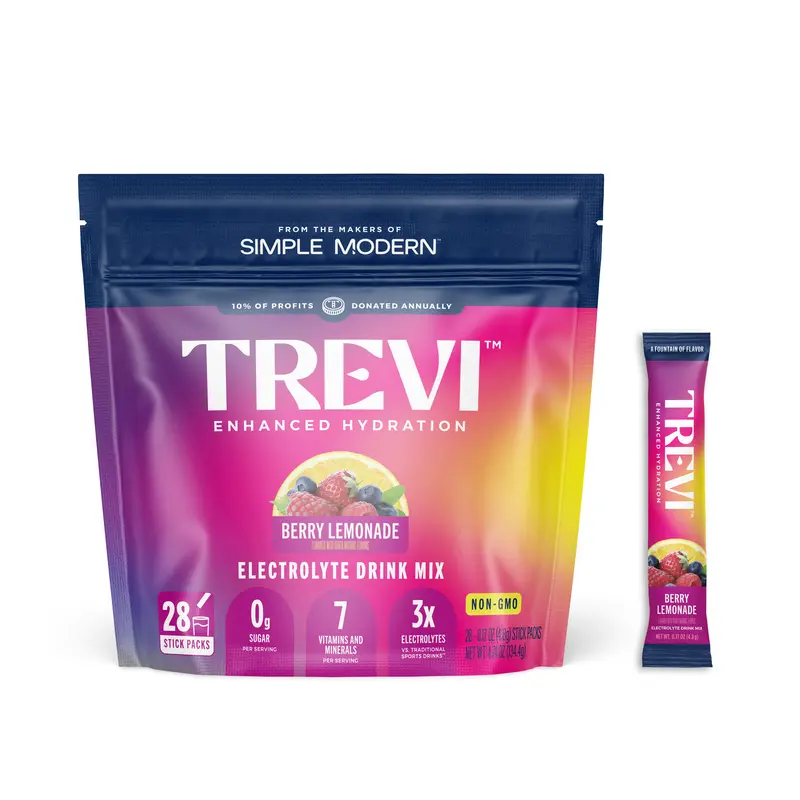Trevi Sugar Free Berry Lemonade Electrolyte Drink Mix – 28 or 8 Stick Packs | 0g Sugar, Non-GMO, 7 Vitamins & Minerals, Energy Hydration Drink Mix, 6 Electrolytes, Made in USA