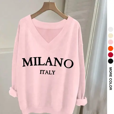 Women's Casual V-Neck Long Sleeve Sweatshirt Top Fit with Letter Print and Ribbed Hem, Elegance Chic Style for Fall & Winter, Single Wear or Layered