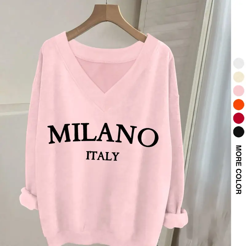 Women's Casual V-Neck Long Sleeve Sweatshirt Top Fit with Letter Print and Ribbed Hem, Elegance Chic Style for Fall & Winter, Single Wear or Layered