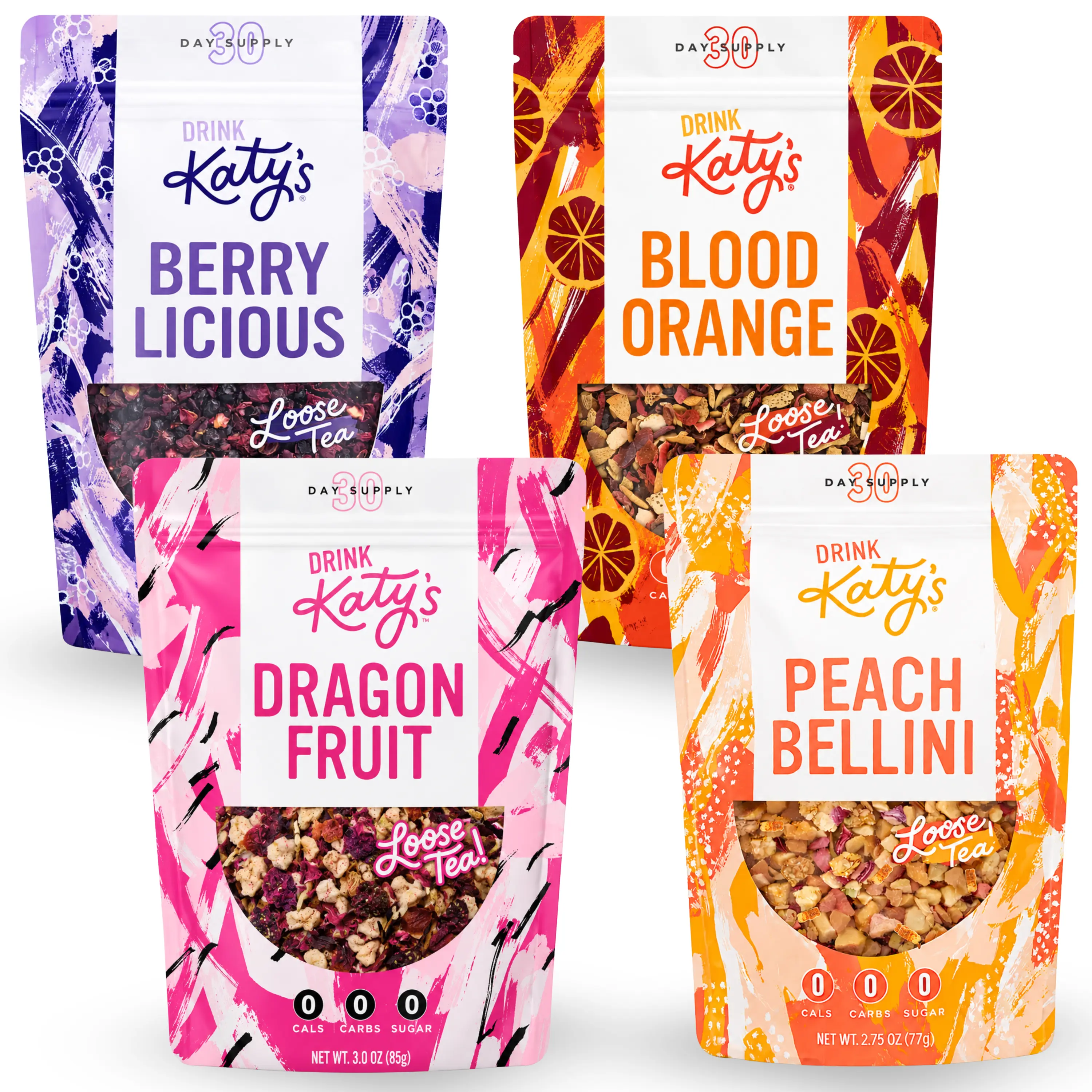 Katy’s Herbal Fruit Loose Teas- Dragonfruit/Peach Bellini/Berry/Blood Orange Flavors- Antioxidants, Vitamins, Sugar Free - 3.0oz Pouch