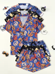 Women's Halloween Night Pumpkin Monster Print Pajama Set, Short Sleeve Top & Elastic Waist Shorts, Comfortable Home Wear