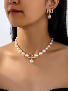 Elegant Baroque Pearl Necklace Earrings Set, Vintage Luxury Jewelry for Women, Christmas Gift, High-End European Style