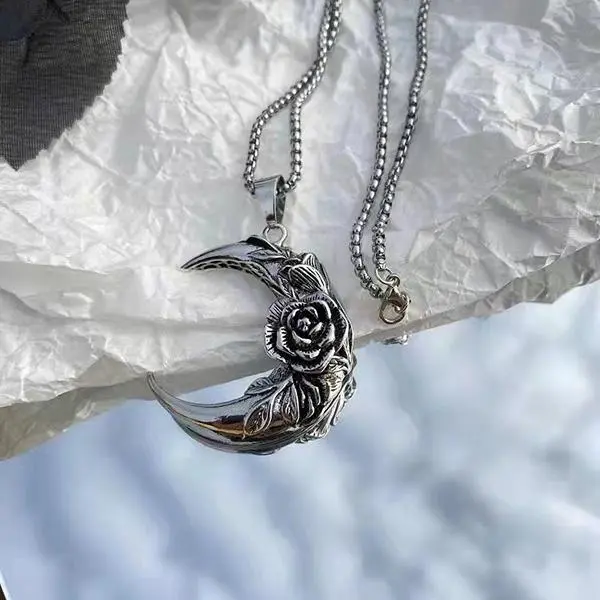 Luna Collar Silver-Tone Necklace - Gothic Witch Jewelry - Versatile Everyday Accessory with Moon and Rose Pendant, Stylish Comfortable Minimalist Chain