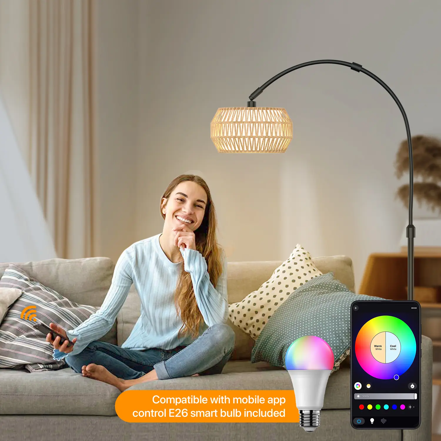 FLOWGO Boho Fishing Floor Lamp with Remote Control, Dimmable Arc Floor Lamp with 3 CCT and RGB,Farmhouse vintage Floor Lamps with Rattan Shades, Vintage floor lamp, Dimmable floor lamp for Bedroom, Office, living room,bedroom