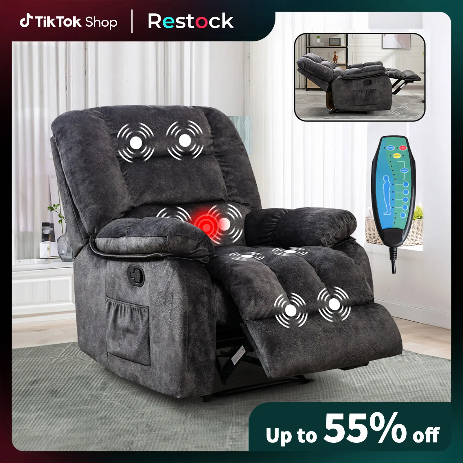 [Restock]Ebello 40" Wide Overstuffed Massage Manual Recliner Chairs with Heat and Vibration for Living Room, Dark Grey