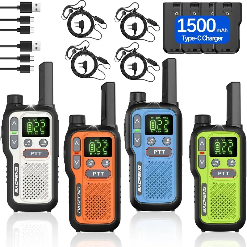 4PCS BAOFENG USB Rechargeable Long Range Mini Walkie Talkie NOAA UHF Type-C Charging Rechargeable Lightweight 22 FRS Upgrade 888s with Earphone Handheld Two Way Radio for Kids Adults Family Outdoor Sports Hunting Hiking Camping