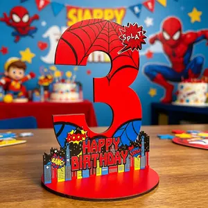 Spider-Themed Birthday Number Decorations for Ages 3-5, Wooden Table Centerpiece, Photo Props for Spider Birthdays