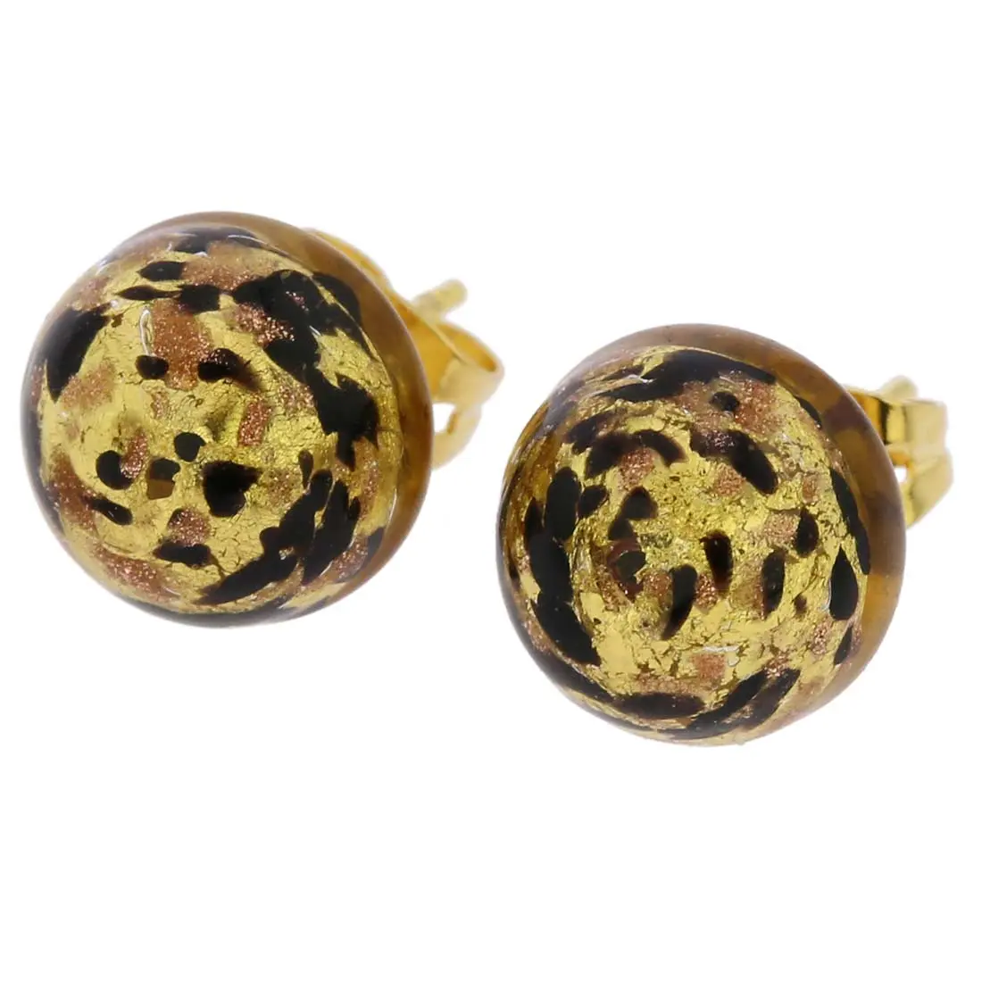 Women's Glass Of Venice Handmade Murano Glass Button Stud Earrings - 3/8 in Diameter, Black Gold Confetti, Bling Effect, Female Traditional Craftsmanship Costume Jewelry, Special Occasion Gifts, Beautiful Presentation