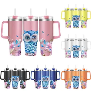 40oz Tumbler with Lid, 1 Count Cute Owl Pattern Stainless Steel Water Bottle, Drinking Cup for Home Office School Outdoor Camping, Drinkware