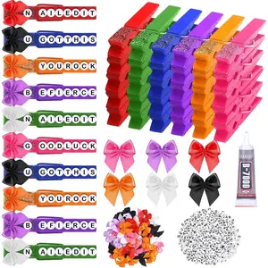 Suncalla 120 Pcs Colorful Shiny Cheer Pins Spirit Clips Include 60 Glitter Wooden Cheer Clothes Pins 60 Colorful Mini Bow 600 Beads and Adhesive for Cheerleading Backpacks Gifts
