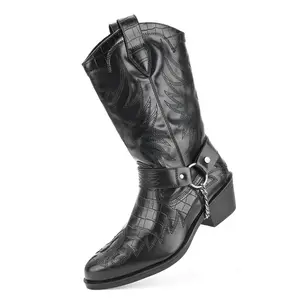 2026 Dark Rock Style Crocodile Print Western Cowboy Boots Metal Buckle Chain Decor Mid Calf Boots Punk Knight Boots for Men Women Unisex Motorcycle Non-Slip Platform Thick Sole Comfortable Casual Hot Viral