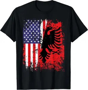 100%cotton Albanian American Flag Shirt Patriotic USA Albania Flag T-Shirt