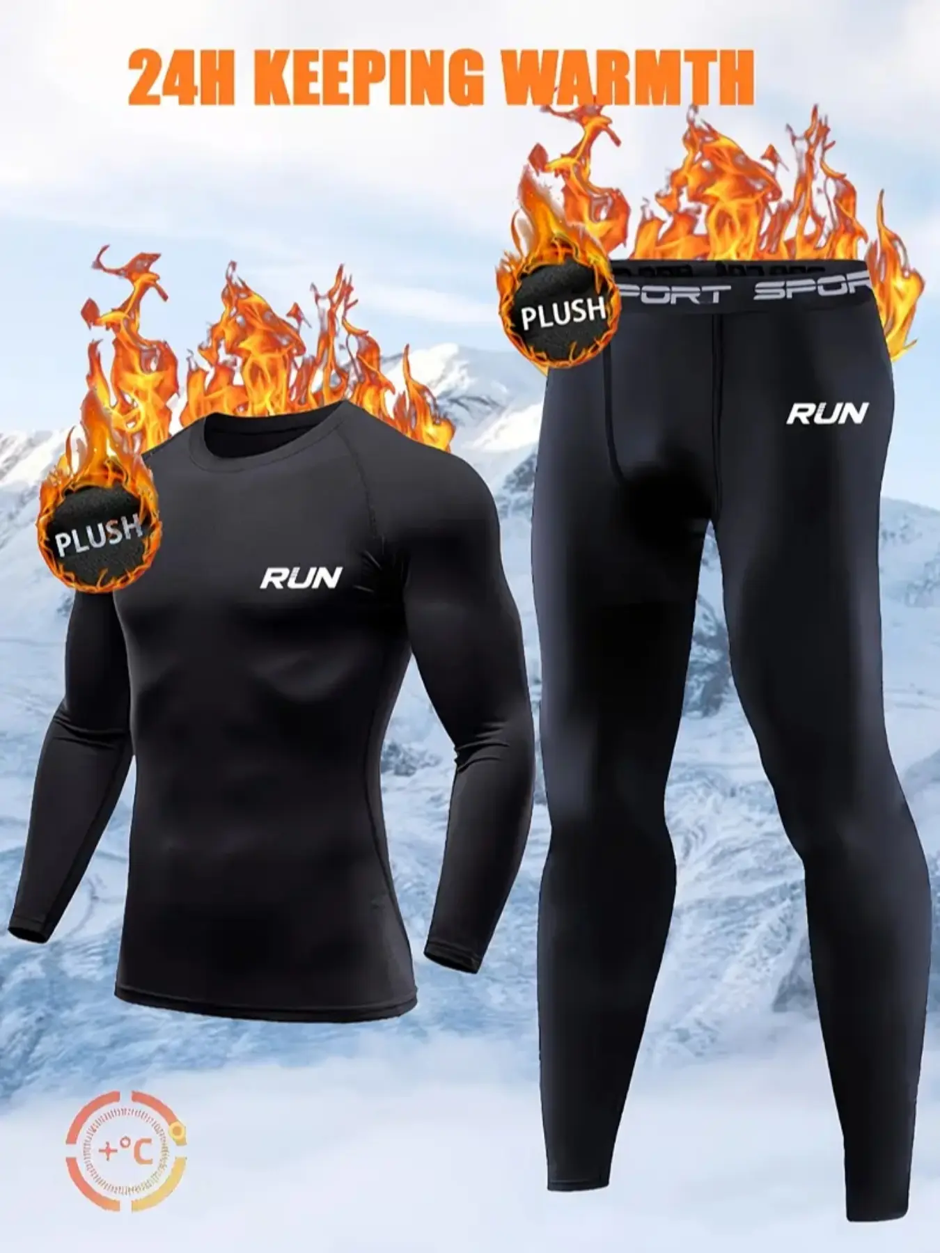 Men's 2-Piece Thermal Set, Fleece Compression Top & Pants with Run Print, Ideal for Running, Skiing, Hiking in Cold Weather, Activewear, Compression Sportswear, Sports Clothes, Stretchy Sports Underwear