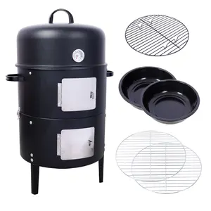 17-Inch Heavy Duty Round Charcoal Wood Smoker & BBQ Grill - 453 Sq.in Cooking Area, Sturdy Steel Construction, Portable Outdoor Barbecue with Thermometer, Dual Access Doors, Handles, Black, for Backyard Use