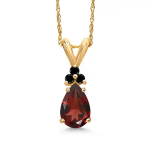 Gem Stone King 14K Yellow Gold Red Garnet and Black Diamond Pendant Necklace for Women | 1.06 Cttw | Gemstone January Birthstone | Pear Shape 8X5MM | With 18 Inch Chain