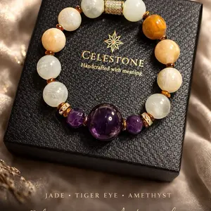Celestone Handcrafted Jade Tiger Eye & Amethyst Bracelet with Gold Accents for Women