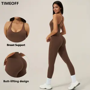 TimeOFF Women's Seamless Workout Jumpsuit - Adjustable Straps, Built-in Breast Support, Butt-Lifting & 4-Way Stretch Fabric, Tummy Control, Full Coverage, Non-Ride Up | Ideal for Yoga, Gym, Running & All Active Fitness