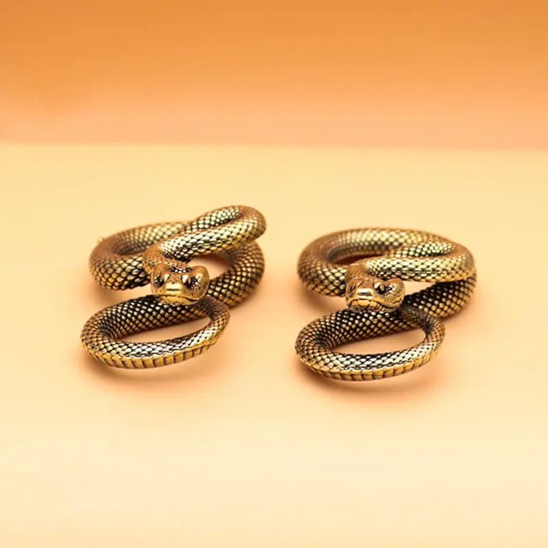 4pcs Copper Bronze Handmade Snake Statue Figure Keychains, Pendant Decorations for Home, Crafted Metal Snake Figurines for Key Rings and Indoor Display