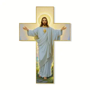 6-Inch Jesus Christ Vinyl Cross Sticker with Glossy Gold Trim and Brilliant Halo Effect - Self-Adhesive Cartoon Style Spiritual Fantasy Sticker for Cars, Laptops, Windows, Walls - Durable Irregular Shaped Trim, Car Decorations